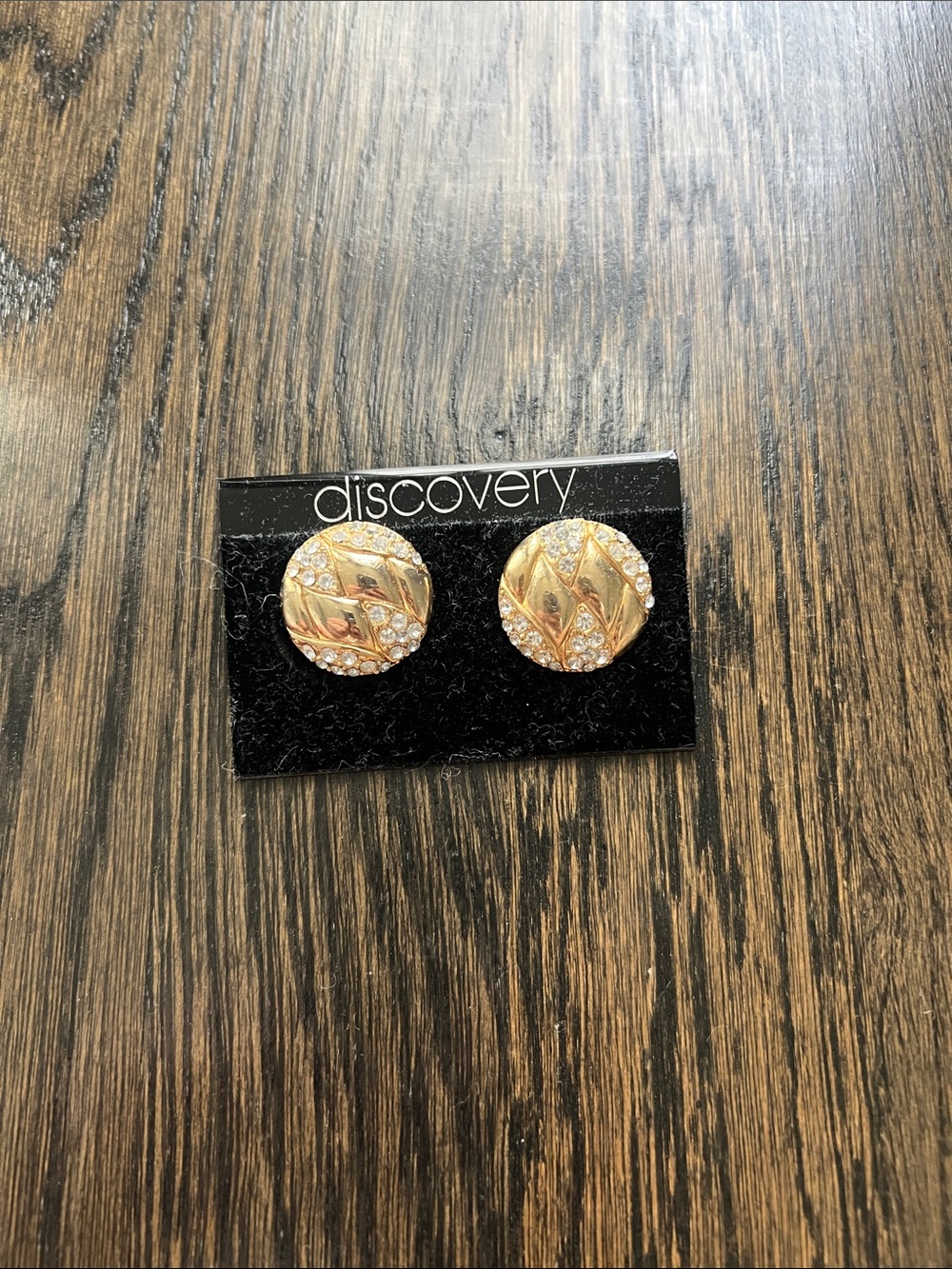Vintage 70s 80s Discovery Gold-Tone Round Button Earrings Clear Crystal Accents